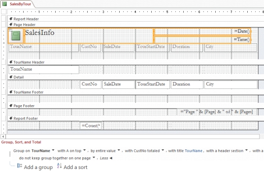   -Doug builds the report shown in the accompanying figure.How did Doug group the records and why might he have the TourName Footer section open even though there are no controls in that section?