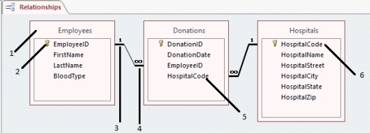   -In the accompanying figure,item 1 points to a(n) ____. A)  primary key field B)  foreign key C)  field property D)  table name