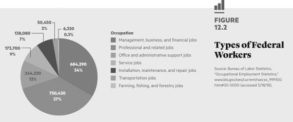   Which one of the following groups of employees is the largest part of the federal workforce? A)  professional jobs B)  service jobs C)  farming, fishing, and forestry jobs D)  installation, maintenance, and repair jobs