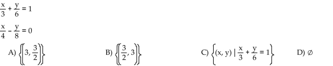 Solve the system by the method of your choice. Identify systems with no solution and systems with infinitely many solutions, using set notation to express their solution sets.