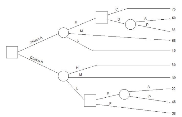 A decision maker has prepared the following decision tree. There are two main decision alternatives (A and B). The probabilities for the states of nature are as follows: P(H) = .3, P(M) = .5, P(L) = .2, P(S) = .25, P(P) = .75. Calculate the highest expected profit for the decision maker and determine which of the two alternatives he/she should select.   