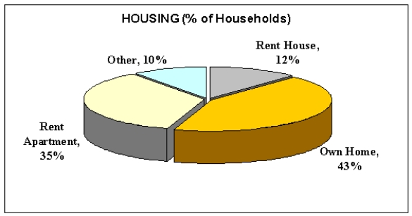<strong>Use this pie chart to determine the percent of households which do not own their home. </strong> A) 43% B) 22% C) 57% D) 45%