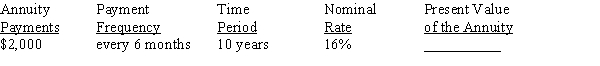 Use Table 12-2 from your text to calculate the present value of the ordinary annuity, rounding to the nearest cent.   <div style=padding-top: 35px> 