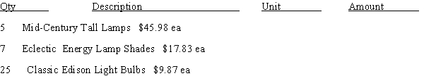 The invoice for Leda's Lamp Emporium shows the following items: ​ ​   ​ ​ If the shipping charges for this invoice were $130.25 and the Insurance for the shipment was $52.50. The invoice total would be 729.54. ​