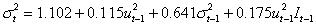 Assume that you have estimated a GJR model of monthly stock returns and you obtain the following equations:     Suppose that , what would be the fitted conditional variance for time t if and then if ?       A)  1.62 and 1.67, respectively B)  1.64 and 1.59, respectively C)  1.59 and 1.64, respectively D)  1.67 and 1.62, respectively