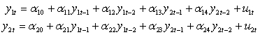 <strong>Consider the following bivariate VAR(2): Which of the following coefficient significances are required to be able to say that y<sub>1</sub> Granger-causes y<sub>2</sub> but not the other way around?</strong> A) \alpha <sub>13</sub> and \alpha <sub>14</sub> significant; \alpha <sub>21</sub> and \alpha <sub>22 </sub>not significant B) \alpha <sub>21</sub> and \alpha <sub>22</sub> significant; \alpha <sub>13</sub> and \alpha <sub>14 </sub>not significant C) \alpha <sub>21</sub> and \alpha <sub>23</sub> significant; \alpha <sub>11</sub> and \alpha <sub>13 </sub>not significant D) \alpha <sub>11</sub> and \alpha <sub>13</sub> significant; \alpha <sub>21</sub> and \alpha <sub>23 </sub>not significant