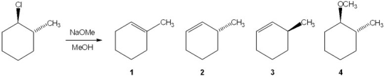 What is the major elimination product obtained from the following reaction?   A)  1 B)  2 C)  3 D)  4