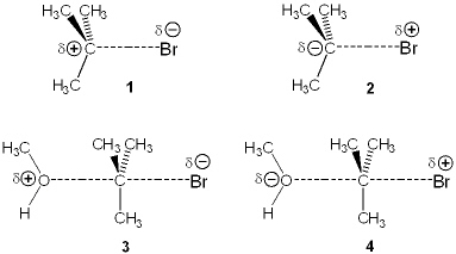 Which of the following represents the transition state of the rate-determining step in the reaction between tert-butyl bromide and methanol?   A)  1 B)  2 C)  3 D)  4