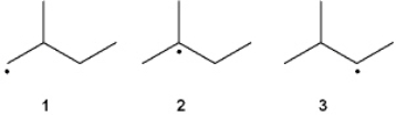 What is the correct order of stability of the following radicals (more stable > less stable) ?   A)  1 > 2 > 3 B)  1 > 3 > 2 C)  3 > 1 > 2 D)  3 > 2 > 1