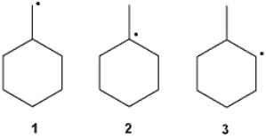 What is the correct order of stability of the following radicals (more stable > less stable) ?   A)  1 > 2 > 3 B)  2 > 1 > 3 C)  2 > 3 > 1 D)  3 > 2 > 1