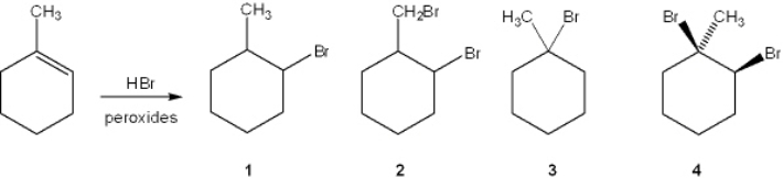 What is the major organic product obtained from the following reaction?   A)  1 B)  2 C)  3 D)  4