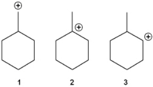 What is the correct order of stability of the following carbocations (more stable > less stable) ?   A)  1 > 2 > 3 B)  2 > 1 > 3 C)  2 > 3 > 1 D)  3 > 2 > 1