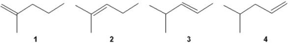 Which of the following alkenes undergoes the most exothermic hydrogenation upon treatment with H<sub>2</sub>/Pd?   A)  1 B)  2 C)  3 D)  4