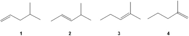 Which of the following alkenes undergoes the least exothermic hydrogenation upon treatment with H<sub>2</sub>/Pd?   A)  1 B)  2 C)  3 D)  4