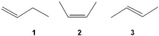 What is the correct order of exothermicity for hydrogenation of the following butenes upon treatment with H<sub>2</sub>/Pd (more exothermic > less exothermic) ?   A)  1 > 2 > 3 B)  1 > 3 > 2 C)  3 > 2 > 1 D)  2 > 3 > 1