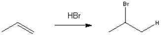 Provide a neatly drawn mechanism for the following reaction, including curved arrows to show the movement of paris of electrons and the structure of reactive intermediates.   The reaction proceeds in two steps: 1. Protonation of propene to form the 2-propyl cation 2. Nucleophilic addition of bromide anion to the 2-propyl cation