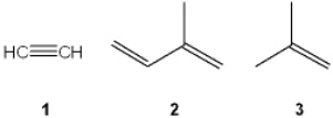 Which is the correct assignment of the names of the following compounds?   A)  1 = ethylene; 2 = isobutylene; 3 = isoprene B)  1 = acetylene; 2 = isoprene; 3 = isobutylene C)  1 = ethylene; 2 = isoprene; 3 = isobutylene D)  1 = acetylene; 2 = isobutylene; 3 = isoprene