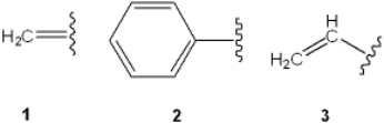 Which is the correct assignment of the names of the following groups?   A)  1 = vinyl; 2 = benzyl; 3 = allyl B)  1 = allyl; 2 = phenyl; 3 = vinyl C)  1 = methylene; 2 = phenyl; 3 = vinyl D)  1 = methylene; 2 = benzyl; 3 = allyl