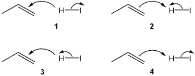 Which sets of curved arrows accounts for the protonation of propene with HI?   A)  1 B)  2 C)  3 D)  4