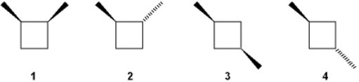 Which of the following structures does not have a plane of symmetry?   A)  only 2 B)  only 1 and 2 C)  only 3 and 4 D)  only 1, 2 and 4