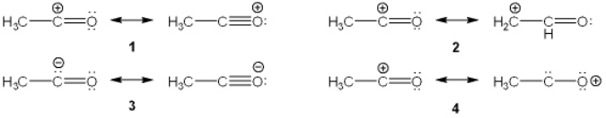 Which of the following are valid resonance structures of the electophile involved in Friedel-Crafts acylation of benzene upon treatment with CH<sub>3</sub>COCl and AlCl<sub>3</sub>?   A)  1 B)  2 C)  3 D)  4
