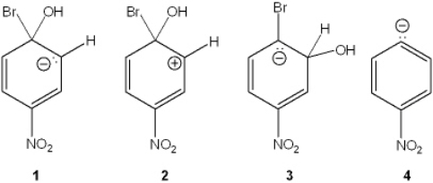 Which of the following is the reactive intermediate in the nucleophilic substitution of 4-bromo-1-nitrobenzene with sodium hydroxide?   A)  1 B)  2 C)  3 D)  4