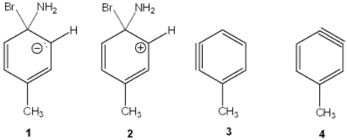 Which of the following is the reactive intermediate in the nucleophilic substitution of 4-bromo-1-toluene with sodium amide?   A)  1 B)  2 C)  3 D)  4