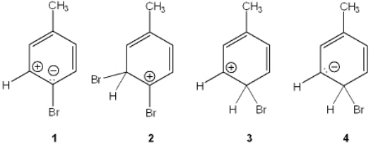 Which of the following is the reactive intermediate formed in the electrophilic bromination of toluene with Br<sub>2</sub>, FeBr<sub>3</sub>?   A)  1 B)  2 C)  3 D)  4
