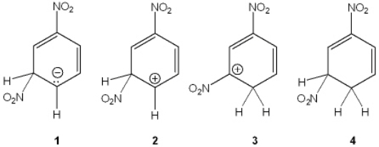 Which of the following is the reactive intermediate formed in the electrophilic nitration of nitrobenzene with HNO<sub>3</sub> and H<sub>2</sub>SO<sub>4</sub>?   A)  1 B)  2 C)  3 D)  4