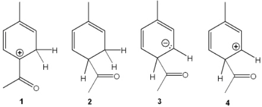 Which of the following is the reactive intermediate formed in the electrophilic Friedel-Crafts acylation of toluene with CH<sub>3</sub>COCl and AlCl<sub>3</sub>?   A)  1 B)  2 C)  3 D)  4