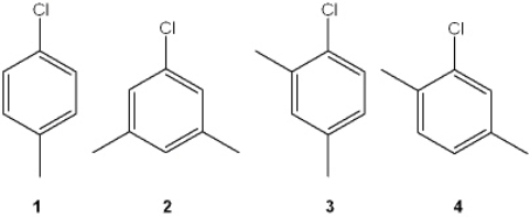 Which of the following chlorobenzenes produces a single isomer upon treatment with NaNH<sub>2</sub>?   A)  1 B)  2 C)  3 D)  4