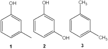 Which is the correct assignment of the names of the following substituted benzenes?   A)  1 = phenol; 2 = m-cresol; 3 = toluene B)  1 = m-cresol; 2 = resorcinol; 3 = m-xylene C)  1 = anisole; 2 = catechol; 3 = m-xylene D)  1 = m-cresol; 2 = anisole; 3 = cumene