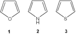 What is the correct assignment of the names of the following heterocycles?   A)  1 = pyrrole; 2 = thiophene; 3 = pyridine B)  1 = thiophene; 2 = furan; 3 = pyrrole C)  1 = furan; 2 = pyrrole; 3 = thiophene D)  1 = furan; 2 = thiophene; 3 = pyrrole