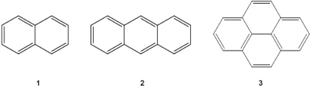 What is the correct assignment of the names of the following fused arenes?   A)  1 = naphthalene; 2 = anthracene; 3 = pyrene B)  1 = naphthalene; 2 = phenanthrene; 3 = coronene C)  1 = naphthalene; 2 = anthracene; 3 = benzo[a]pyrene D)  1 = anthracene; 2 = naphthalene; 3 = coronene