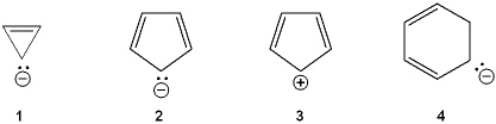 Which of the following ions is aromatic?   A)  1 B)  2 C)  3 D)  4