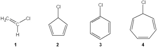Which of the following compounds undergoes heterolytic carbon-halogen bond cleavage to form a stable organic cation?   A)  1 B)  2 C)  3 D)  4