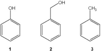 Which of the following has the compounds shown in the correct order of decreasing acidity (i.e., more acidic > less acidic) ?   A)  1 > 2 > 3 B)  2 > 1 > 3 C)  3 > 2 > 1 D)  1 > 3 > 2