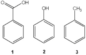 Which of the following has the compounds shown in the correct order of decreasing acidity (i.e., more acidic > less acidic) ?   A)  1 > 2 > 3 B)  2 > 3 > 1 C)  3 > 2 > 1 D)  1 > 3 > 2