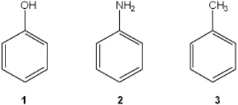 Which of the following has the compounds shown in the correct order of decreasing acidity (i.e., more acidic > less acidic) ?   A)  1 > 2 > 3 B)  2 > 1 > 3 C)  3 > 2 > 1 D)  1 > 3 > 2