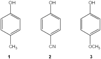 Which of the following has the compounds shown in the correct order of decreasing acidity (i.e., more acidic > less acidic) ?   A)  1 > 2 > 3 B)  2 > 3 > 1 C)  3 > 2 > 1 D)  2 > 1 > 3