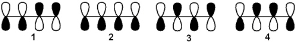 Which of the following arrangements of p atomic orbitals gives the lowest energy p-bonding molecular orbital of 1,3-butadiene?   A)  1 B)  2 C)  3 D)  4