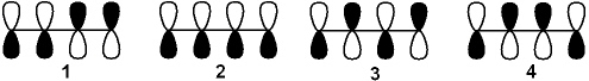 Which of the following arrangements of p atomic orbitals of 1,3-butadiene has the greatest number of nodes?   A)  1 B)  2 C)  3 D)  4