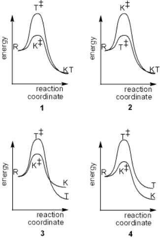 Which of the following reaction coordinate diagrams explains the formation of different thermodynamic (T)  and kinetic products from the same reactants (R) ?   A)  1 B)  2 C)  3 D)  4