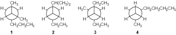 Which of the following Newman projections does not represent 2-methylhexane?   A)  1 B)  2 C)  3 D)  4