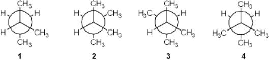Which of the following Newman projections represents the most stable conformation of 2,3-dimethylbutane?   A)  1 B)  2 C)  3 D)  4