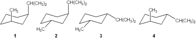 Which of the following is the most stable conformation of cis-1-isopropyl-3-methylcyclohexane?   A)  1 B)  2 C)  3 D)  4