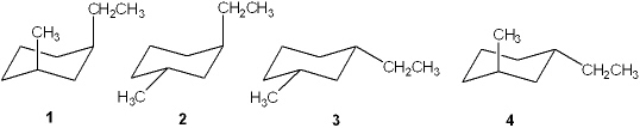 Which of the following is the most stable conformation of trans-1-ethyl-3-methylcyclohexane?   A)  1 B)  2 C)  3 D)  4