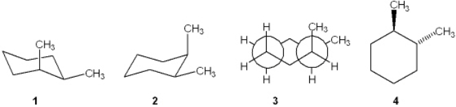 Which one of the following structures represents a different compound from the other three?   A)  1 B)  2 C)  3 D)  4