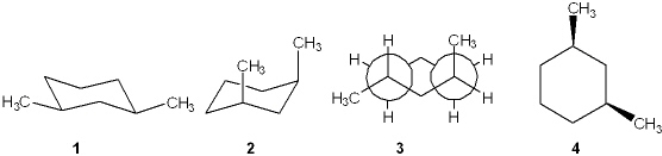 Which one of the following structures represents a different compound from the other three?   A)  1 B)  2 C)  3 D)  4