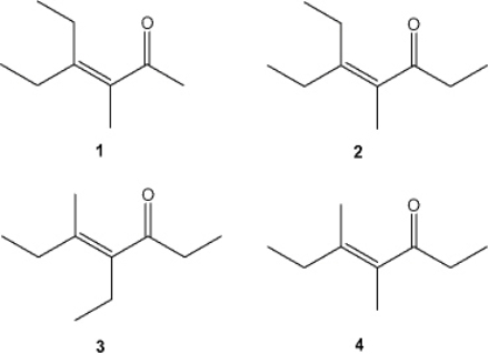 Which of the following compounds can be prepared by an aldol condensation by treating a single carbonyl compound with base?   A)  1 B)  2 C)  3 D)  4